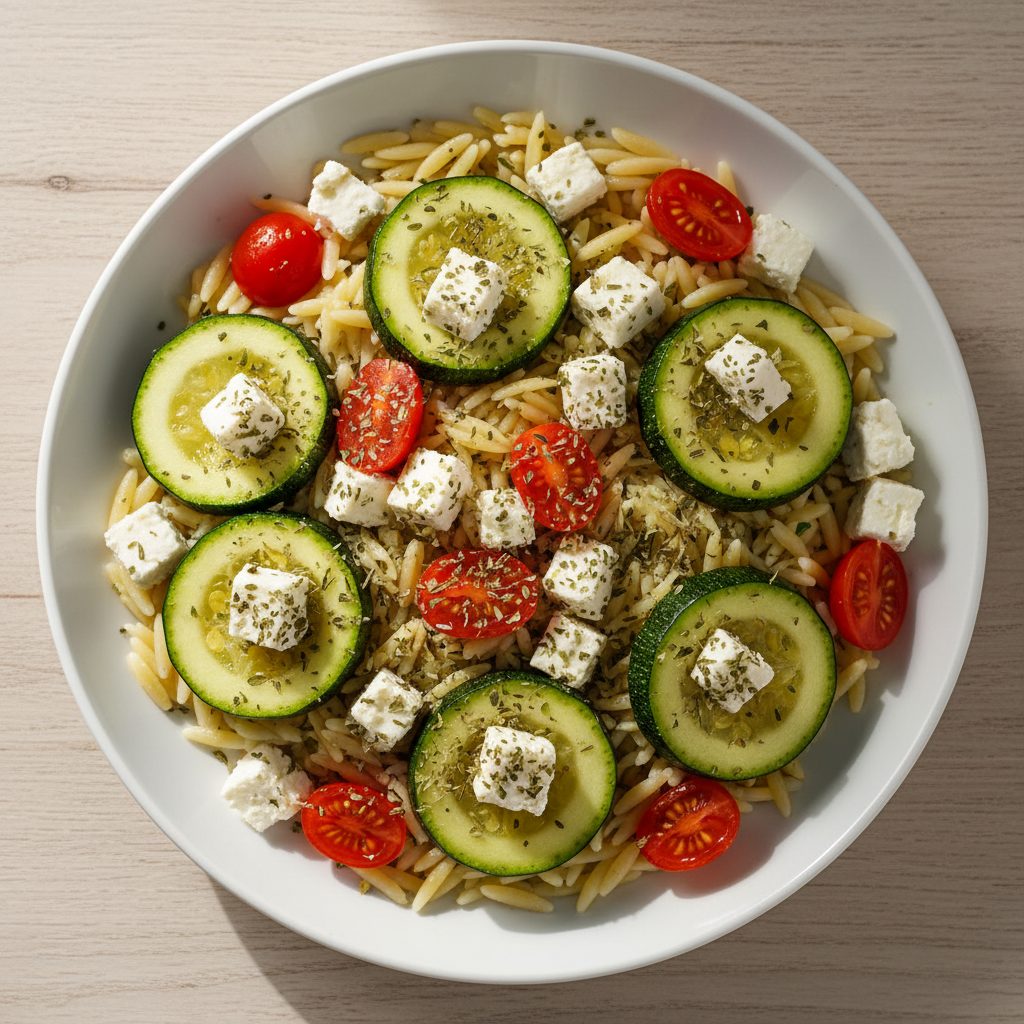 Eenpans Mediterrane courgette met feta, tomaat en oregano