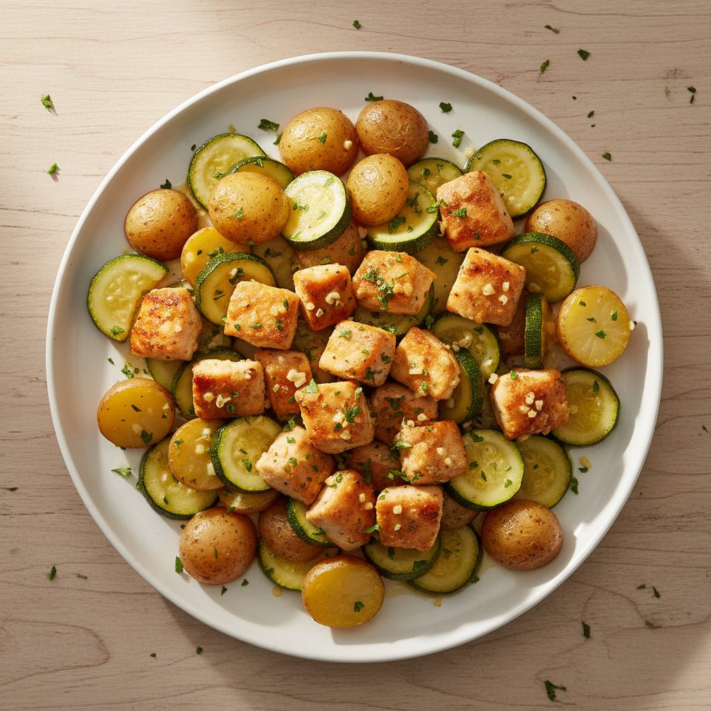 Eenpans kip met krieltjes, courgette en knoflookboter