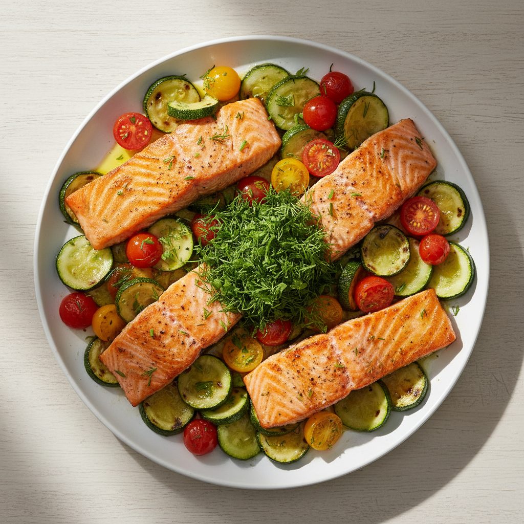 Eenpans zalm met courgette, tomaat en dille