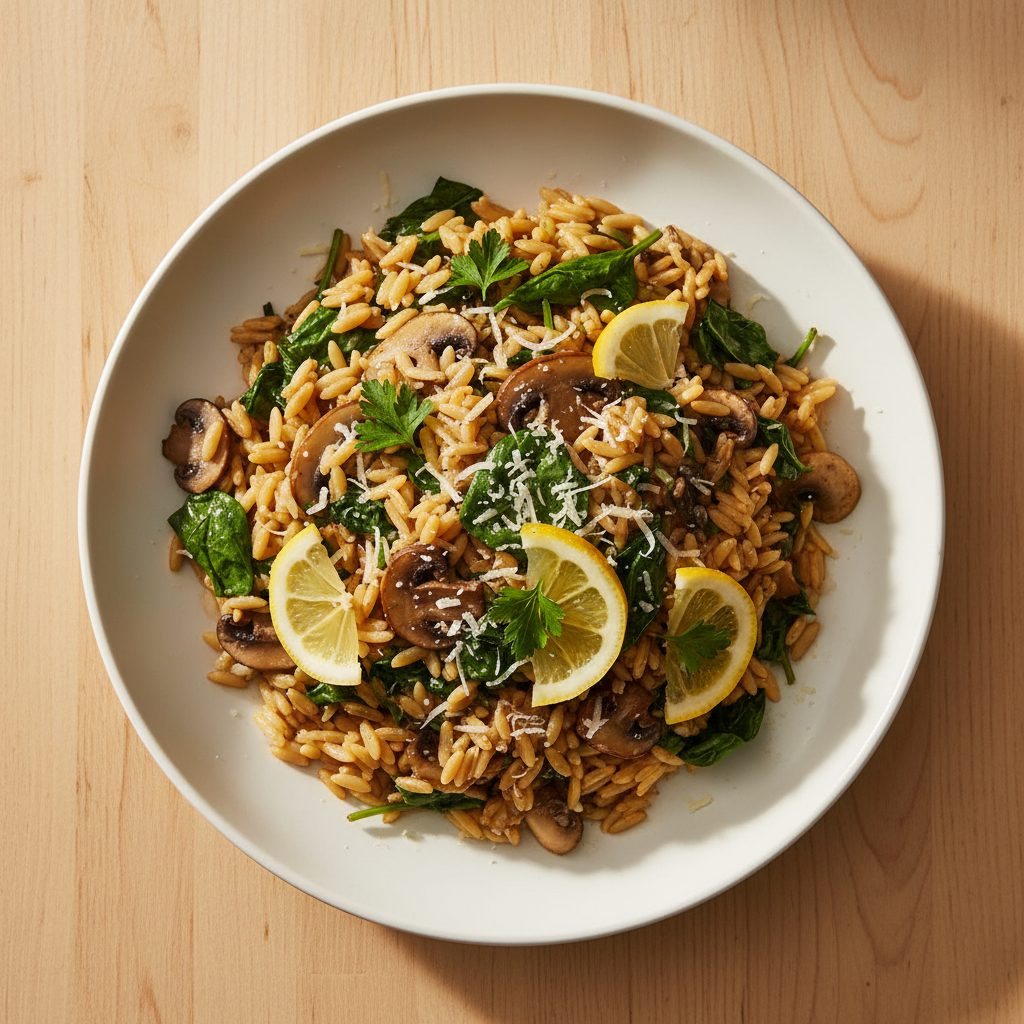 Eenpans orzo met spinazie, champignons en citroen