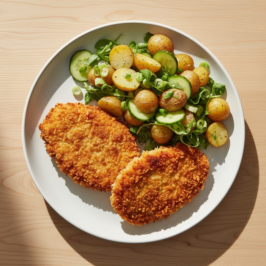 Krokante kipschnitzel met warme krieltjessalade en lente-ui