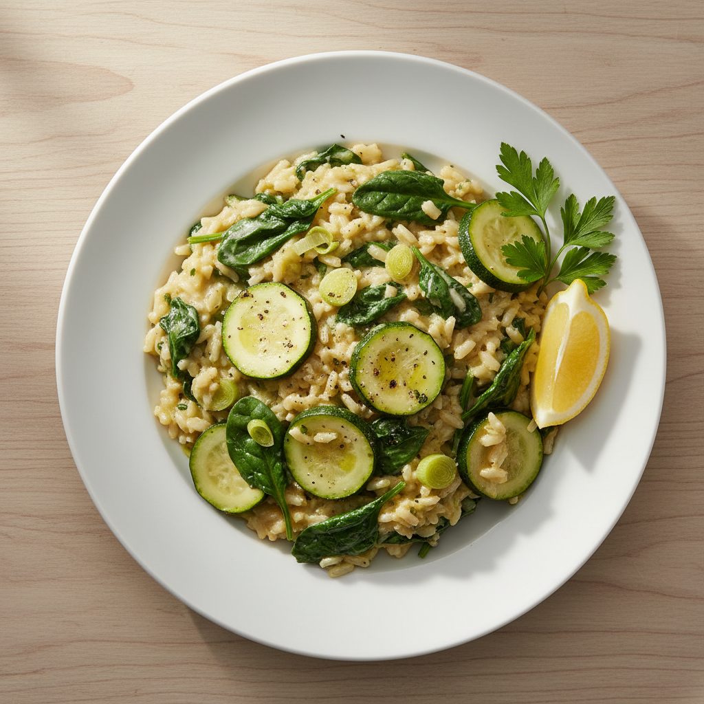 Romige lente-risotto met courgette, prei en spinazie
