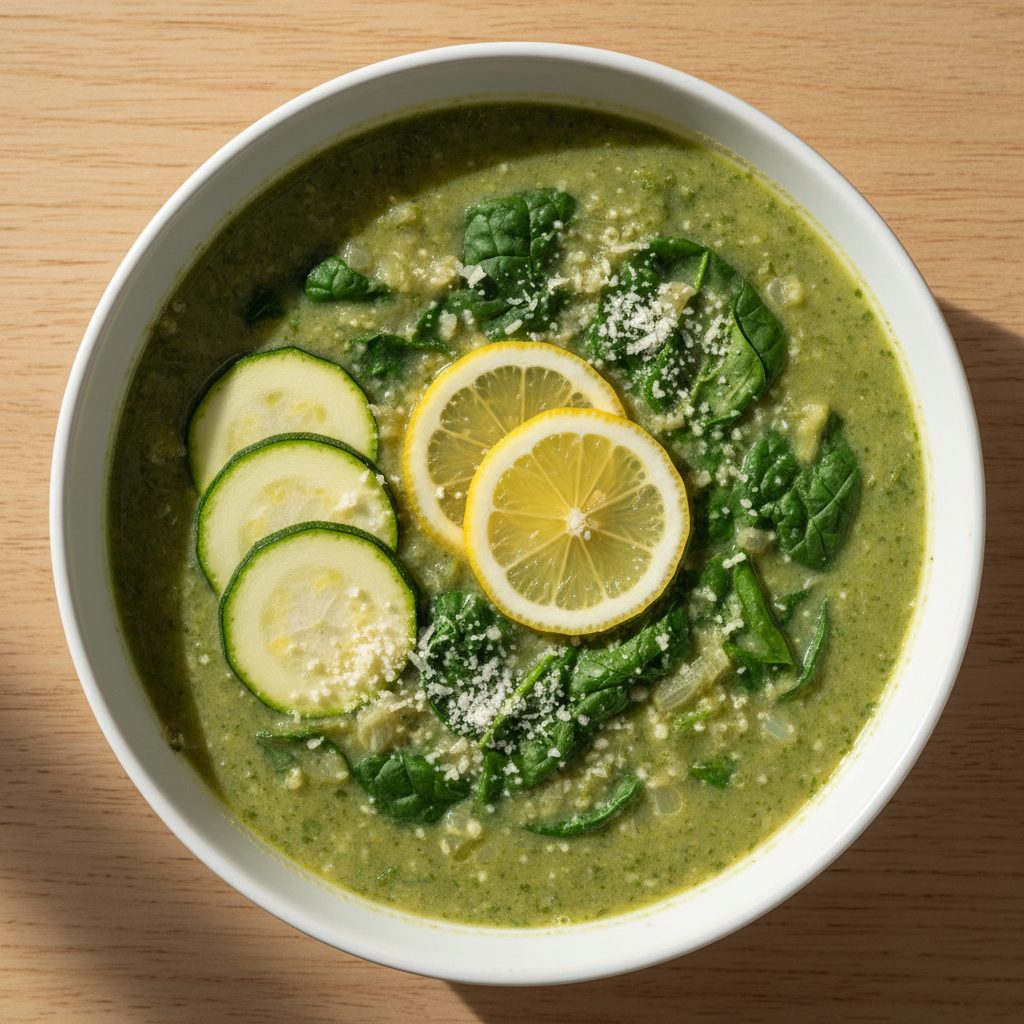 Romige courgette-spinaziesoep met citroen en Italiaanse kaas