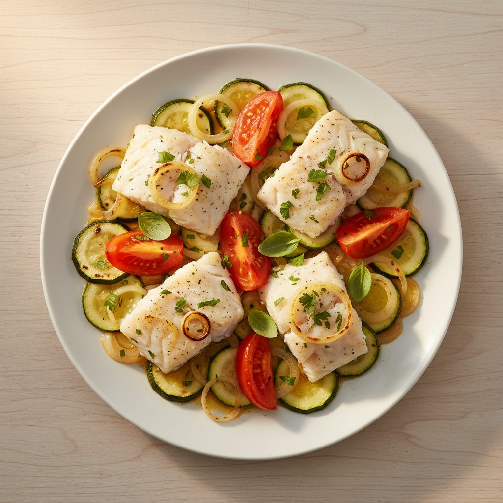 Kabeljauwfilet met courgette en tomaat uit de oven