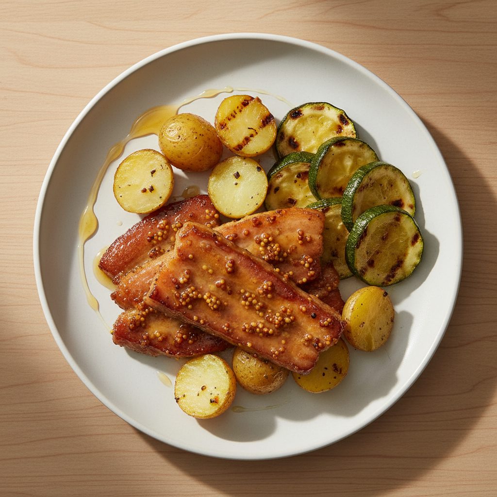 Speklapjes met honing-mosterdglazuur, krieltjes en courgette