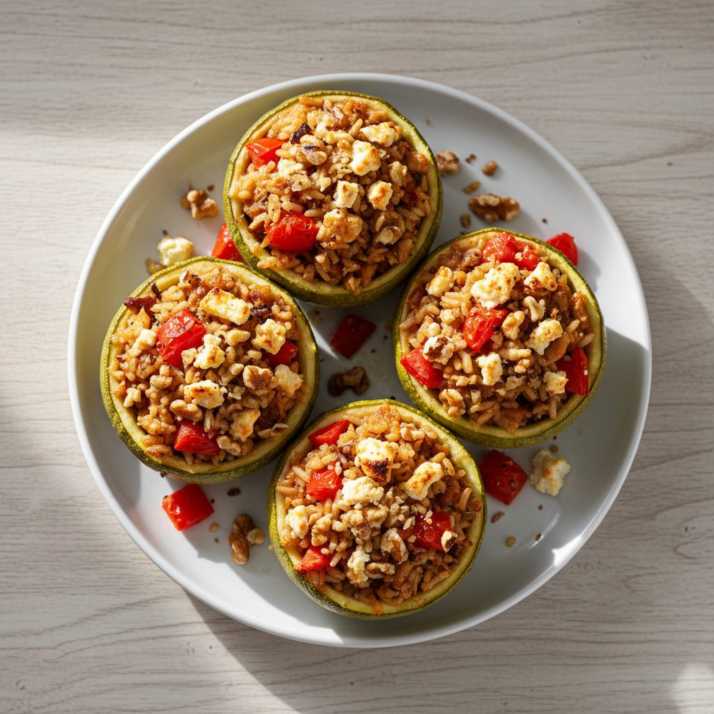 Grieks gevulde courgettes met feta, tomaat en walnoten