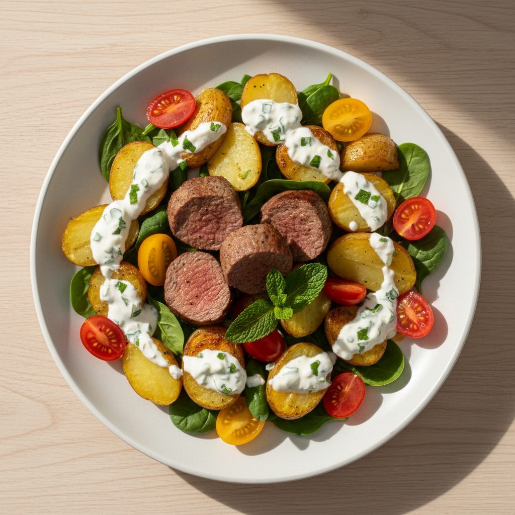 Paas-lamshaasjes met geroosterde krieltjes, munt en yoghurtsaus