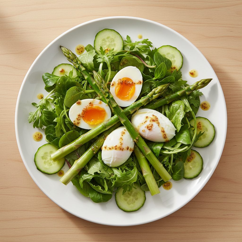 Feestelijke Paas-salade met groene asperges, gepocheerd ei en mosterdvinaigrette