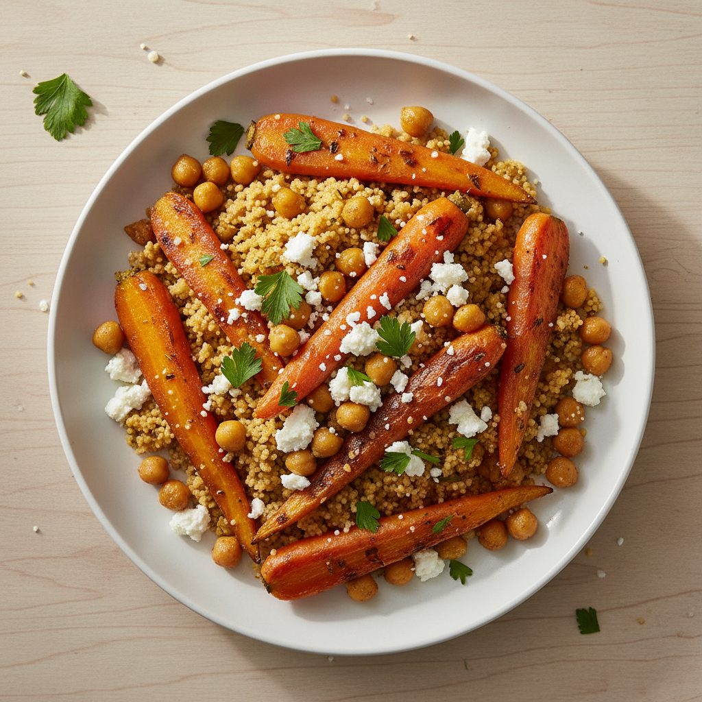Midden-Oosterse couscous met geroosterde wortel, kikkererwten en feta