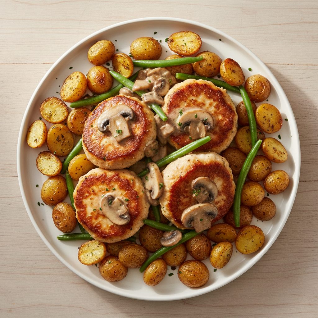 Kipburgers in champignon-roomsaus met gebakken aardappeltjes