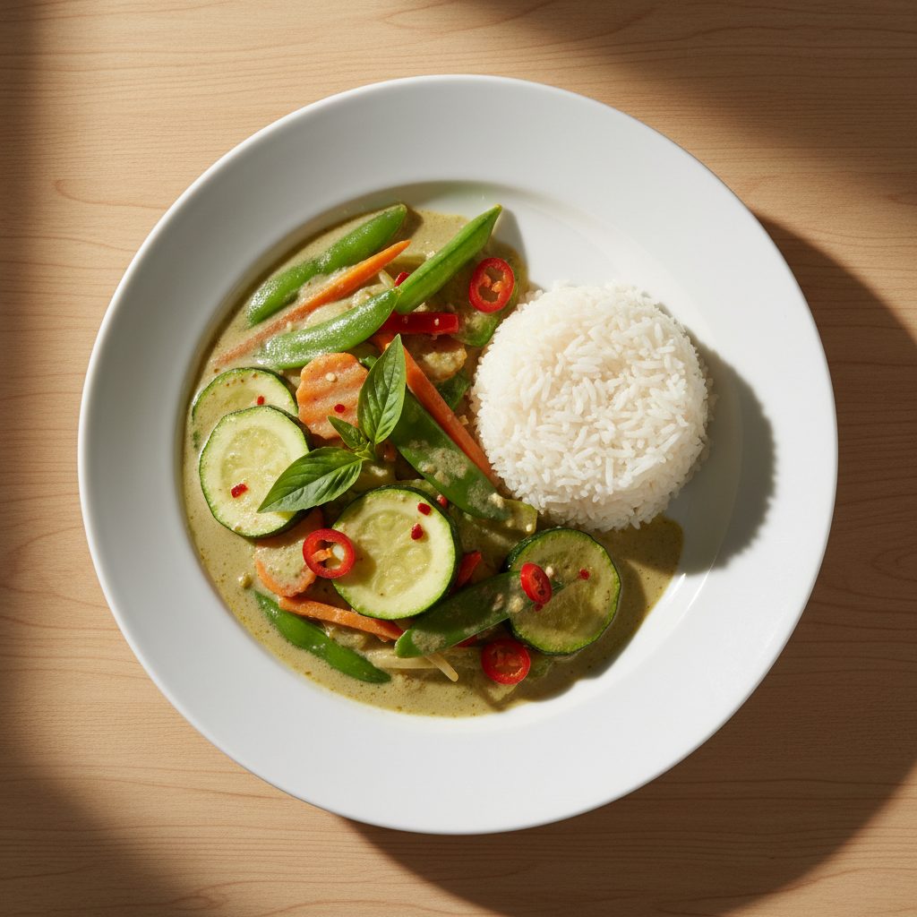 Thaise groene curry met sugarsnaps, courgette en jasmijnrijst