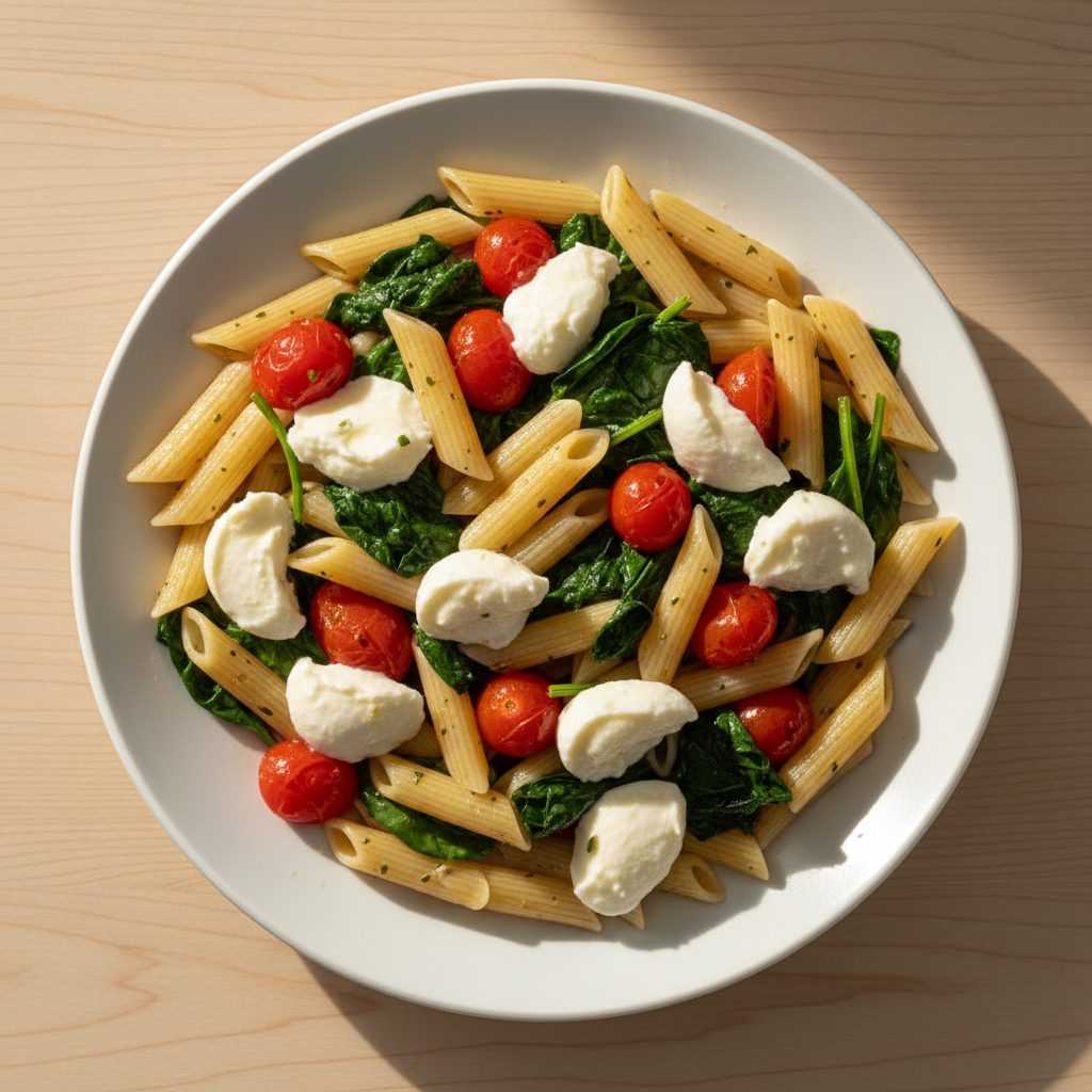 One-pan pasta met spinazie, tomaat en mozzarella