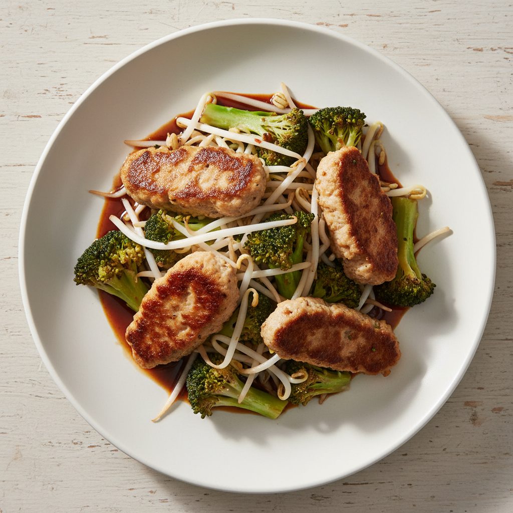 Wok met kipburger, roerbakgroenten en sojasaus