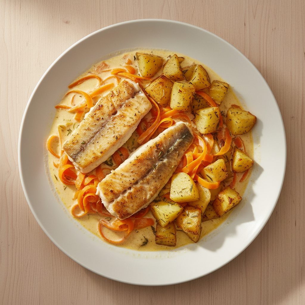 Pangasiuspannetje met worteltjes en bakaardappeltjes