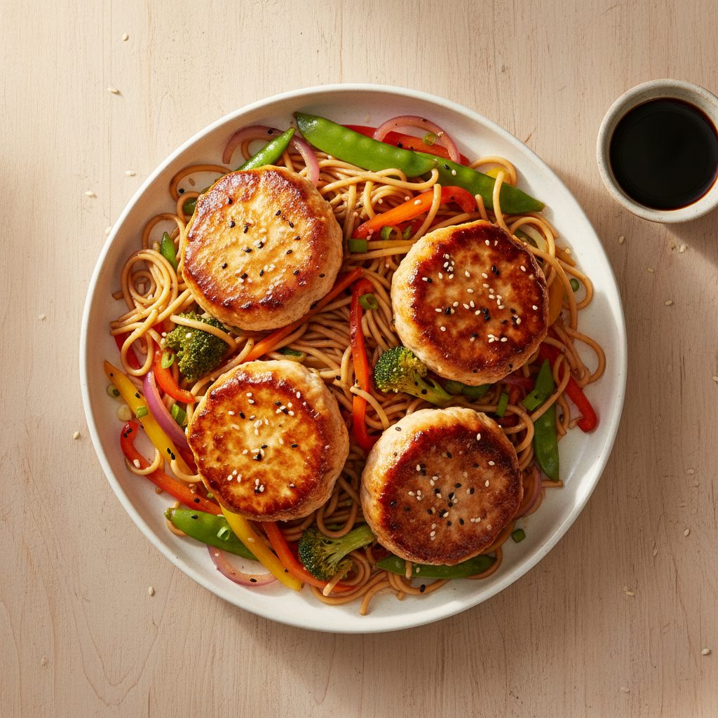 Aziatische kipburgers met roerbakgroenten en mie