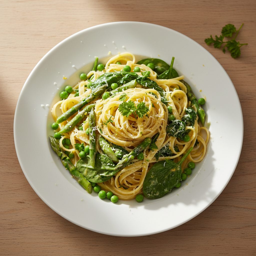 Lente pasta primavera met asperges, doperwten en citroen-parmezaansaus