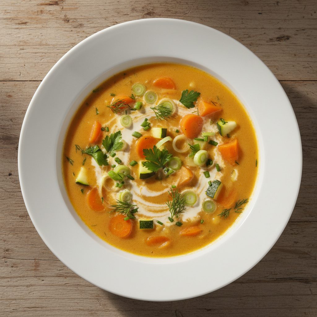 Lentesoep van wortel en lente-ui met verse kruiden