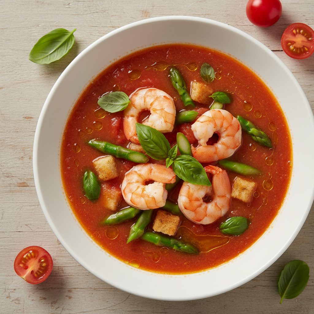 Tomatensoep met garnalen, asperges en basilicum