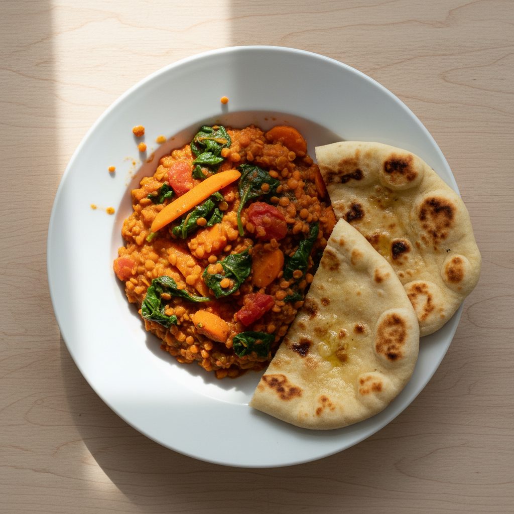 Rode linzendal met spinazie, wortel en naanbrood