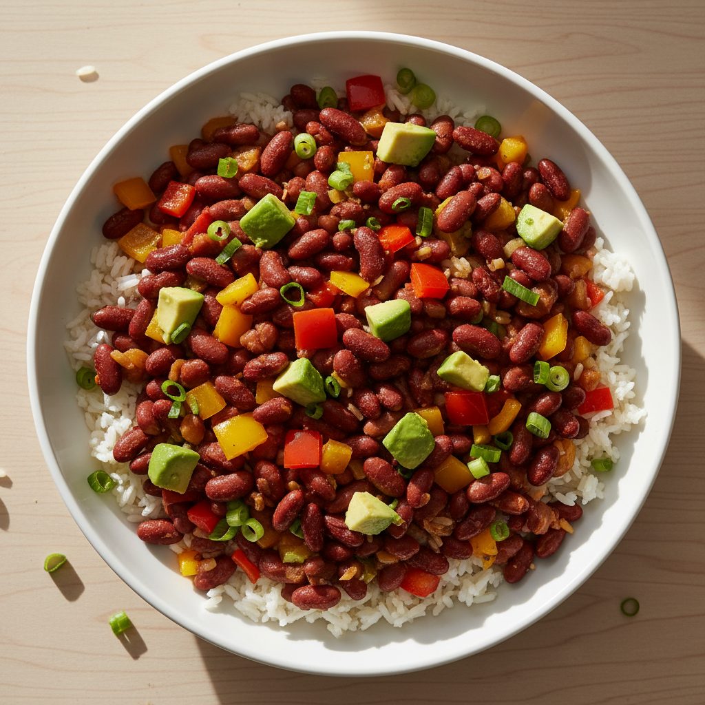 Mexicaanse bonenbowl met paprika, avocado en lente-ui