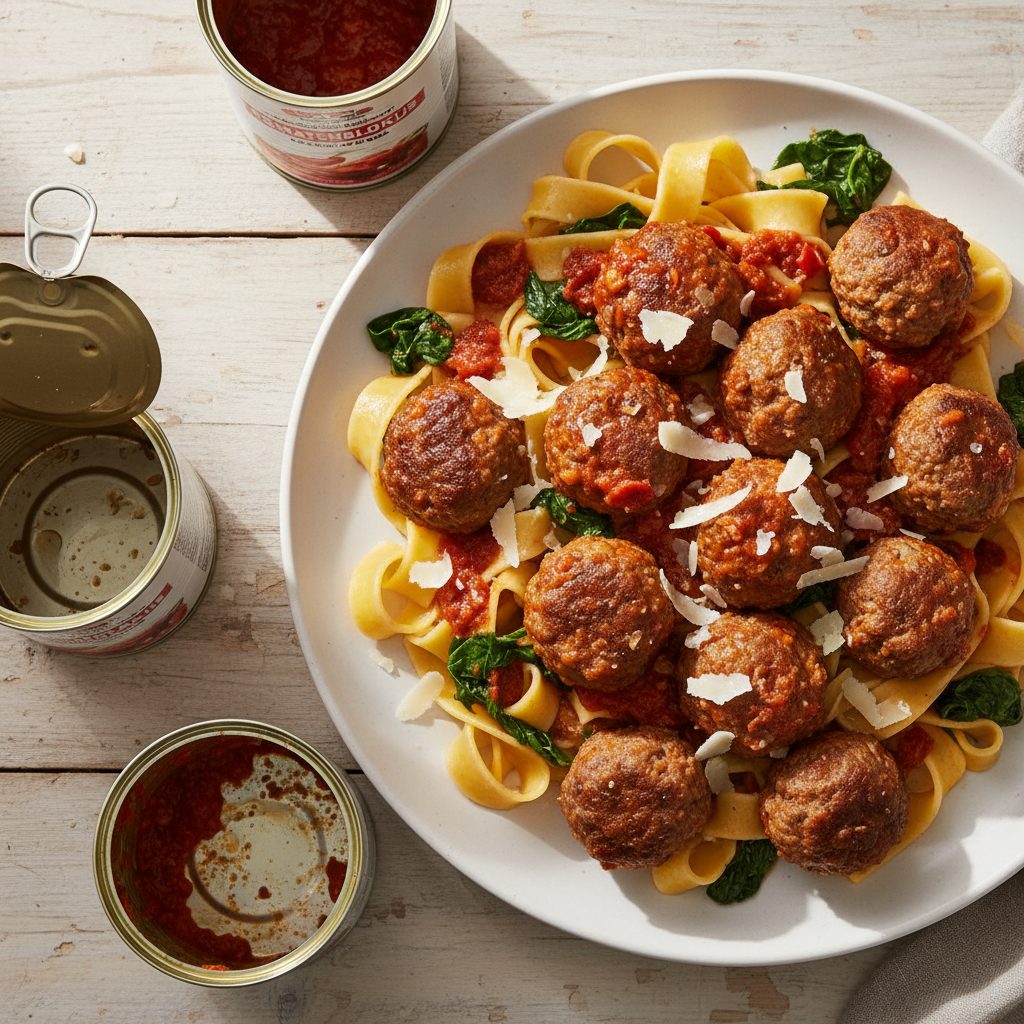 Spaanse gehaktballetjes in tomatensaus met verse pasta en manchego