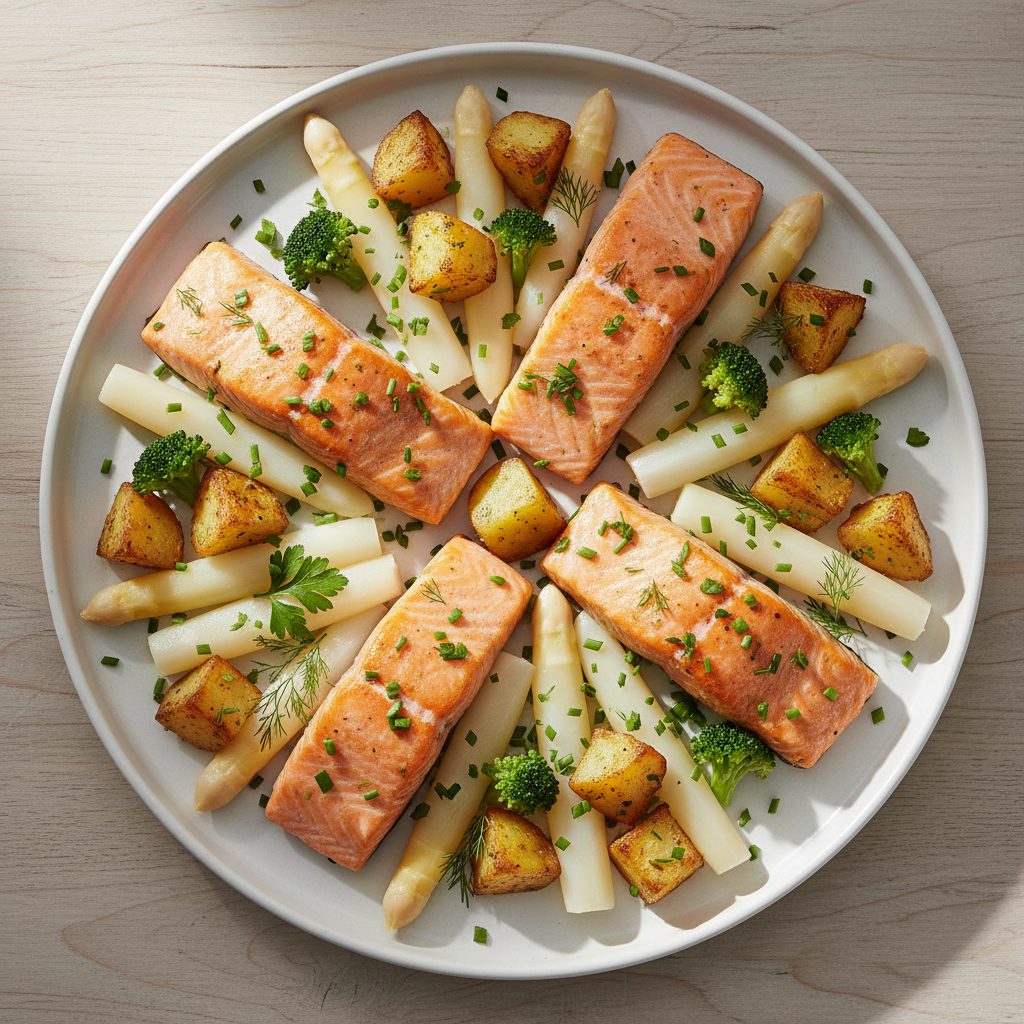 Gebakken zalmfilet met witte asperges en kruidenbakaardappelen