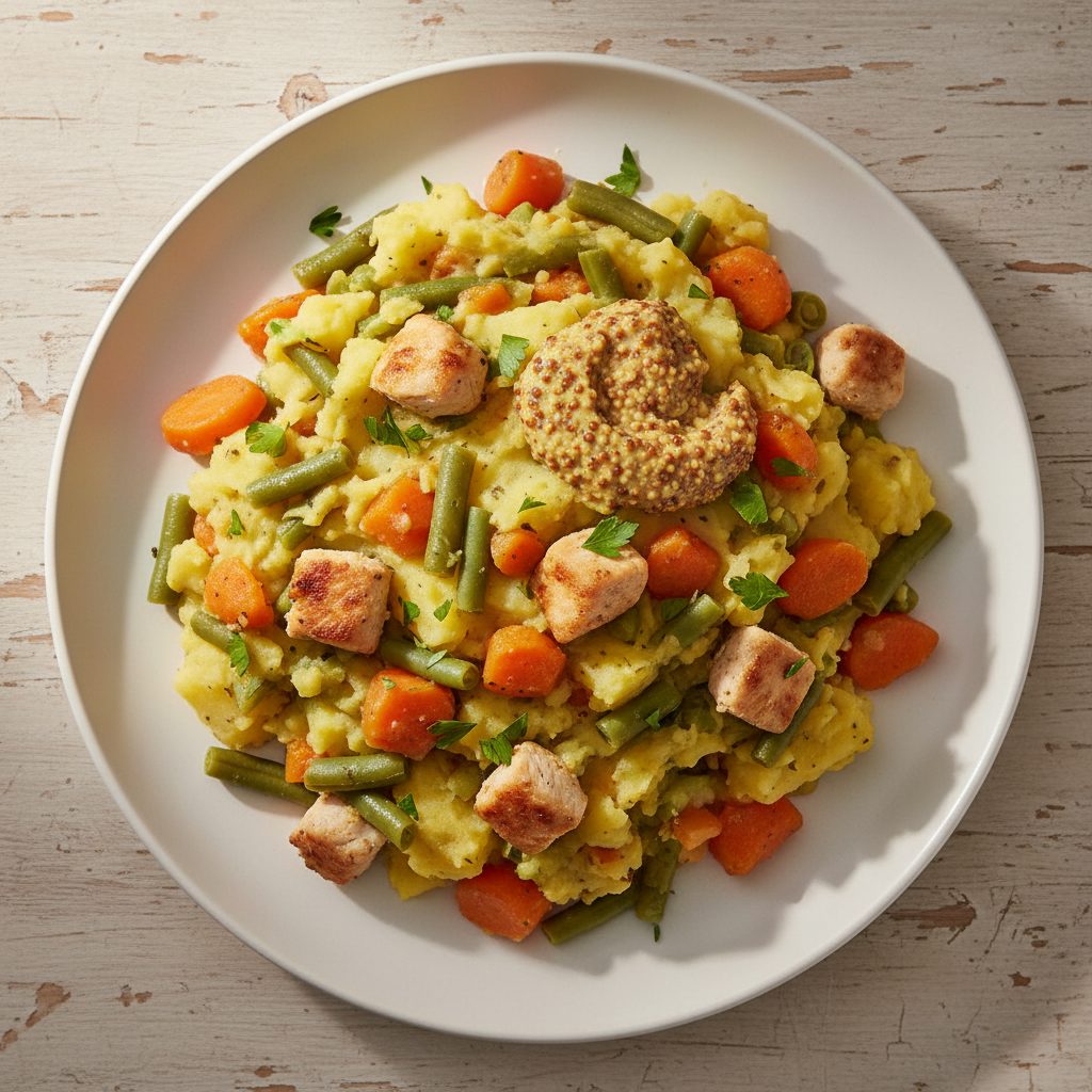 Hollandse kip-stamppot met sperziebonen en grove mosterd