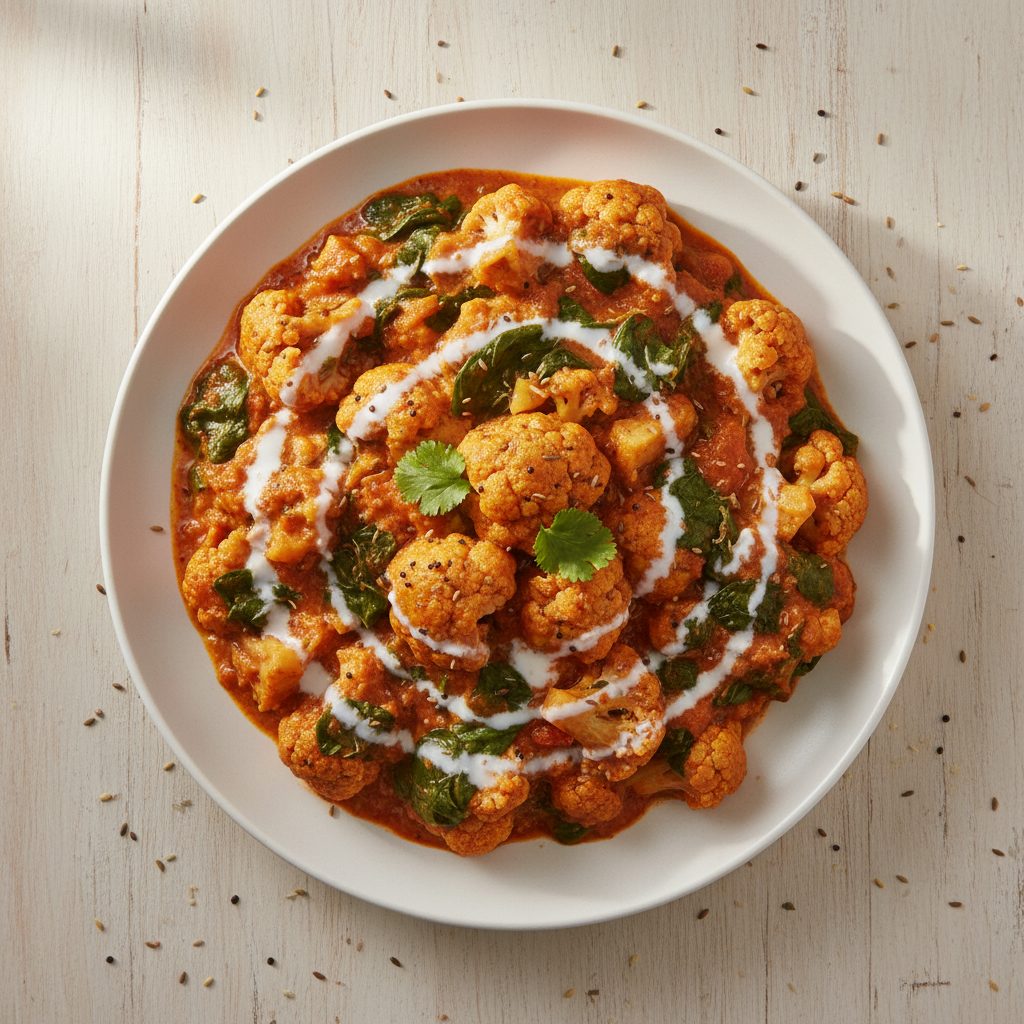 Indiase bloemkoolcurry met spinazie en kokosmelk