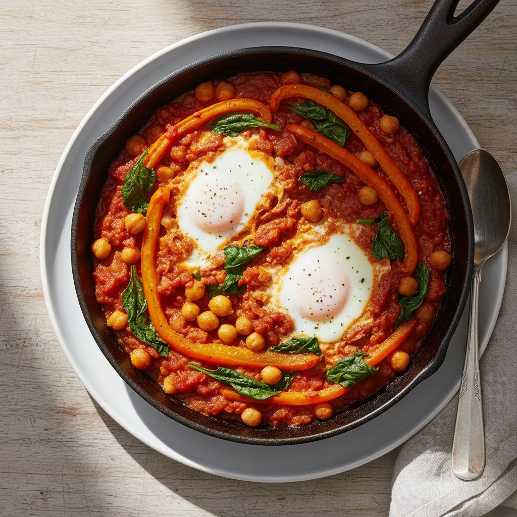 One-pan shakshuka met oranje paprika en spinazie