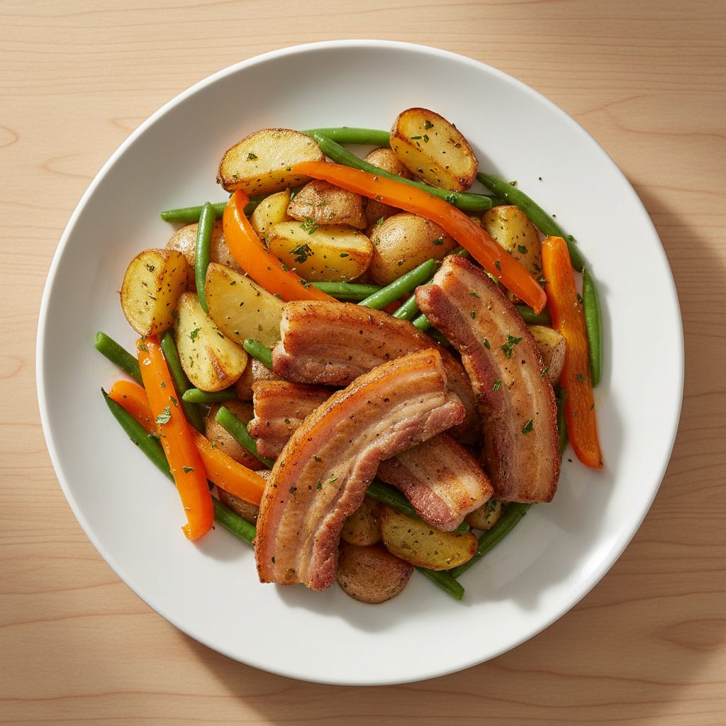 Speklapjes met bakaardappelen, sperziebonen en paprika