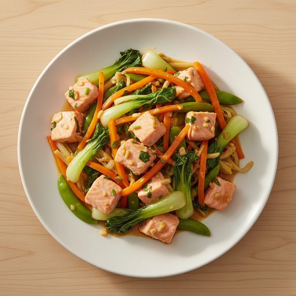 Zalm-wok met paksoi en paprika in gembersaus