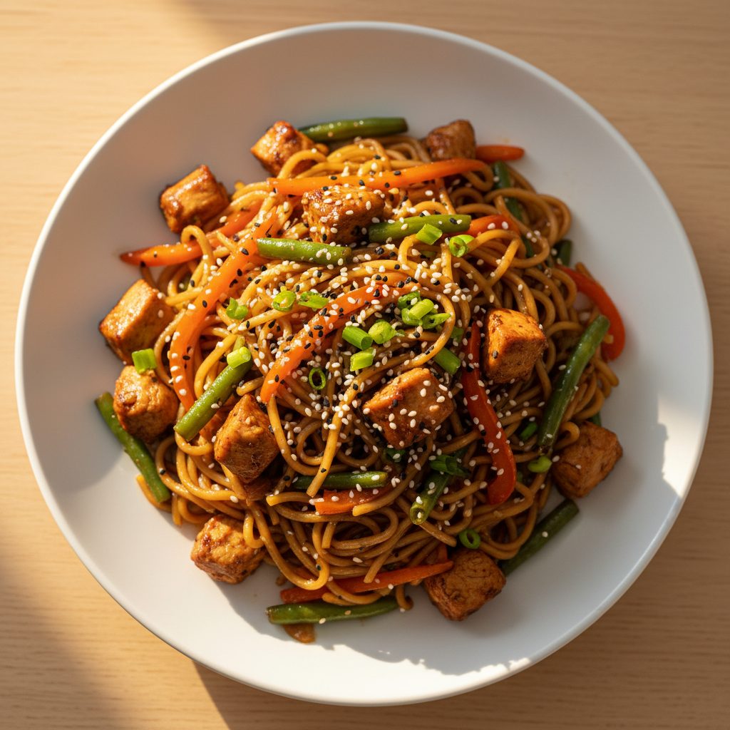 Aziatische kipnoedelwok met sperziebonen en sesam