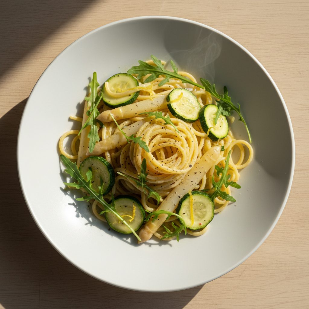 Lente-linguine met witte asperges, courgette en citroen-roomsaus