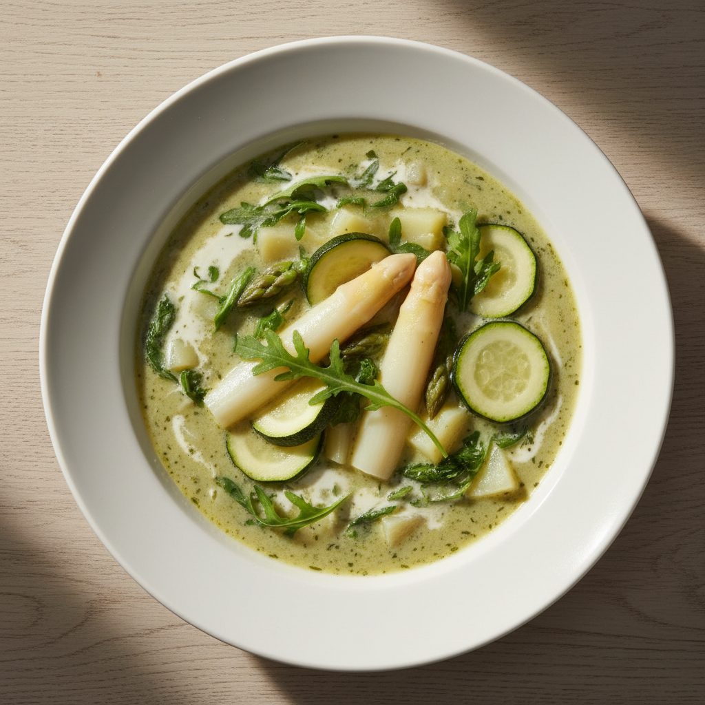 Romige lentesoep met asperges, courgette en rucola