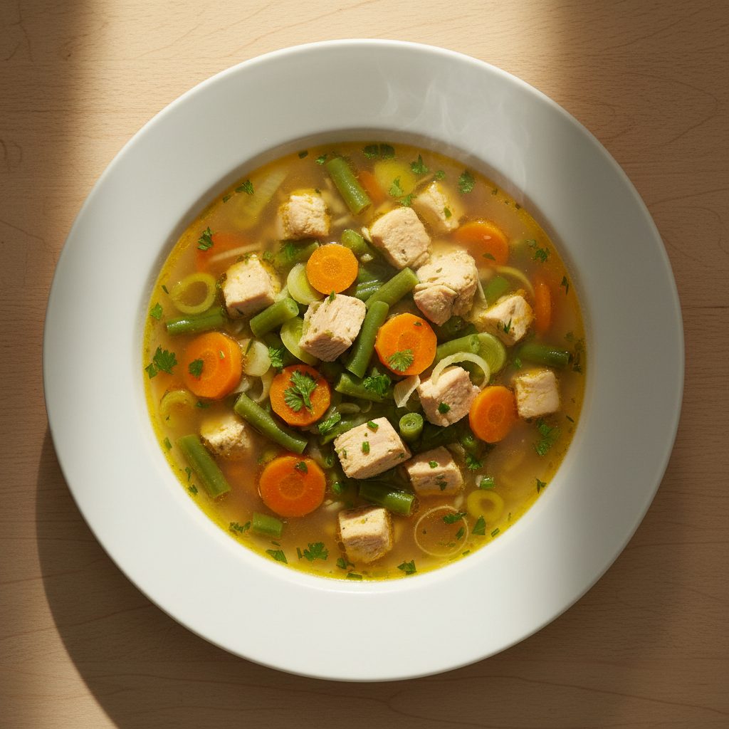 Hollandse kippensoep met sperziebonen en wortel