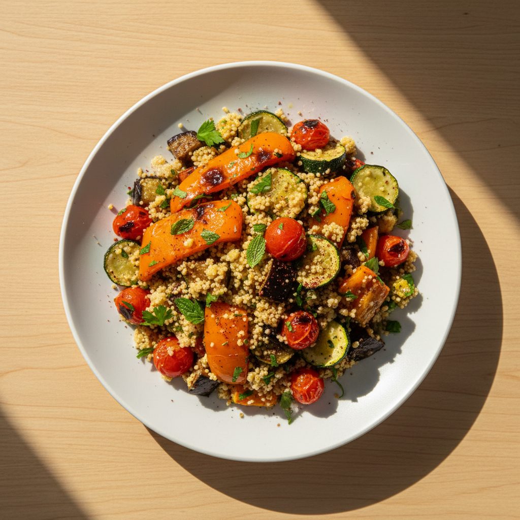 Midden-Oosterse lentesalade met couscous en geroosterde groenten