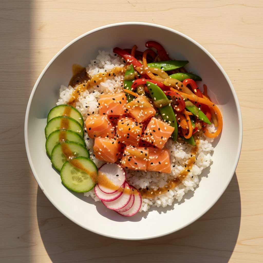 Poké bowl met verse zalm, radijs en sesam-sojadressing