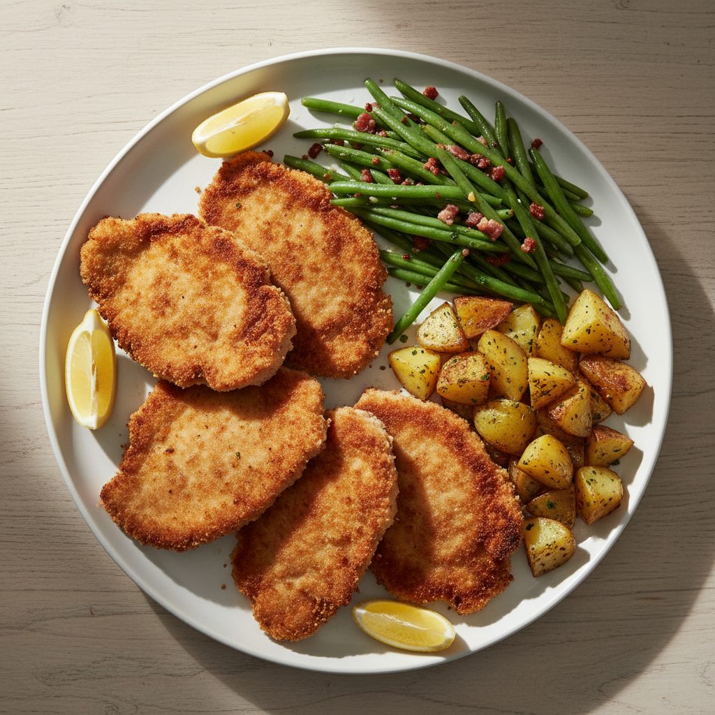 Duitse varkensschnitzels met sperziebonen en gebakken aardappelen