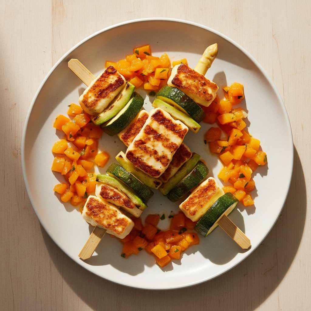 Gegrilde halloumi-spiesjes met asperges en oranje paprikasalsa