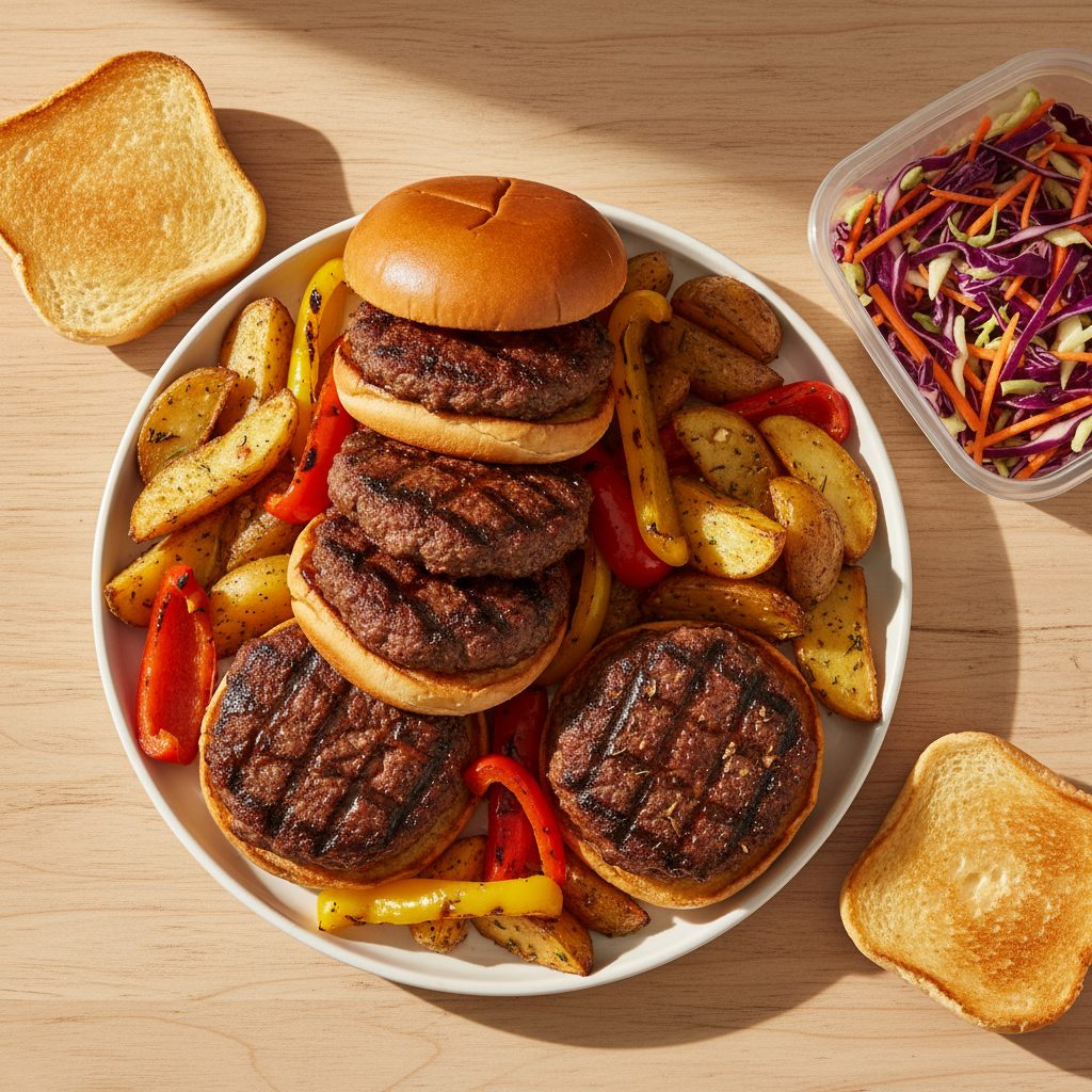 BBQ runderhamburgers met gegrilde paprika en knoflookbakaardappelen