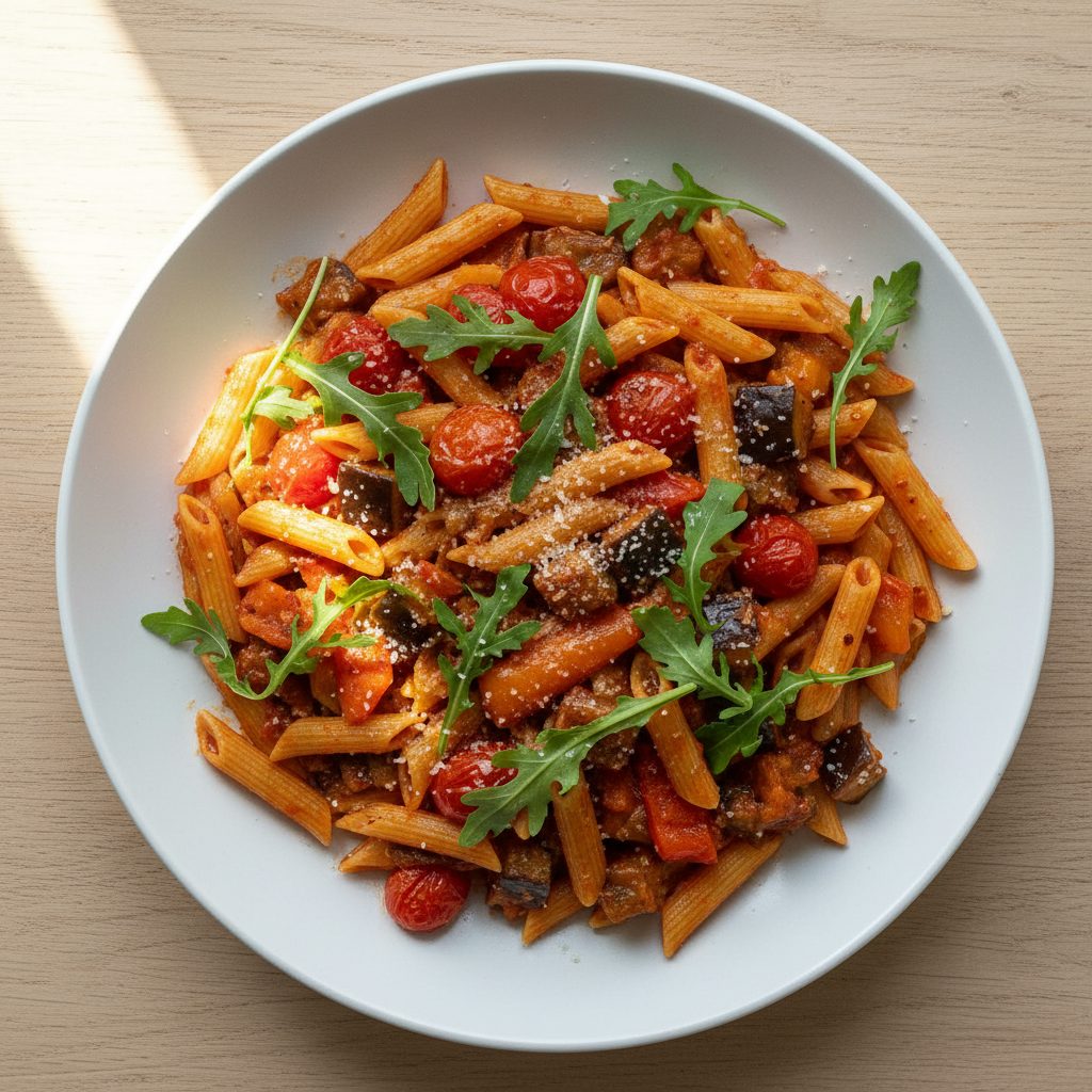 Mediterrane one-pot penne met geroosterde groenten en rucola