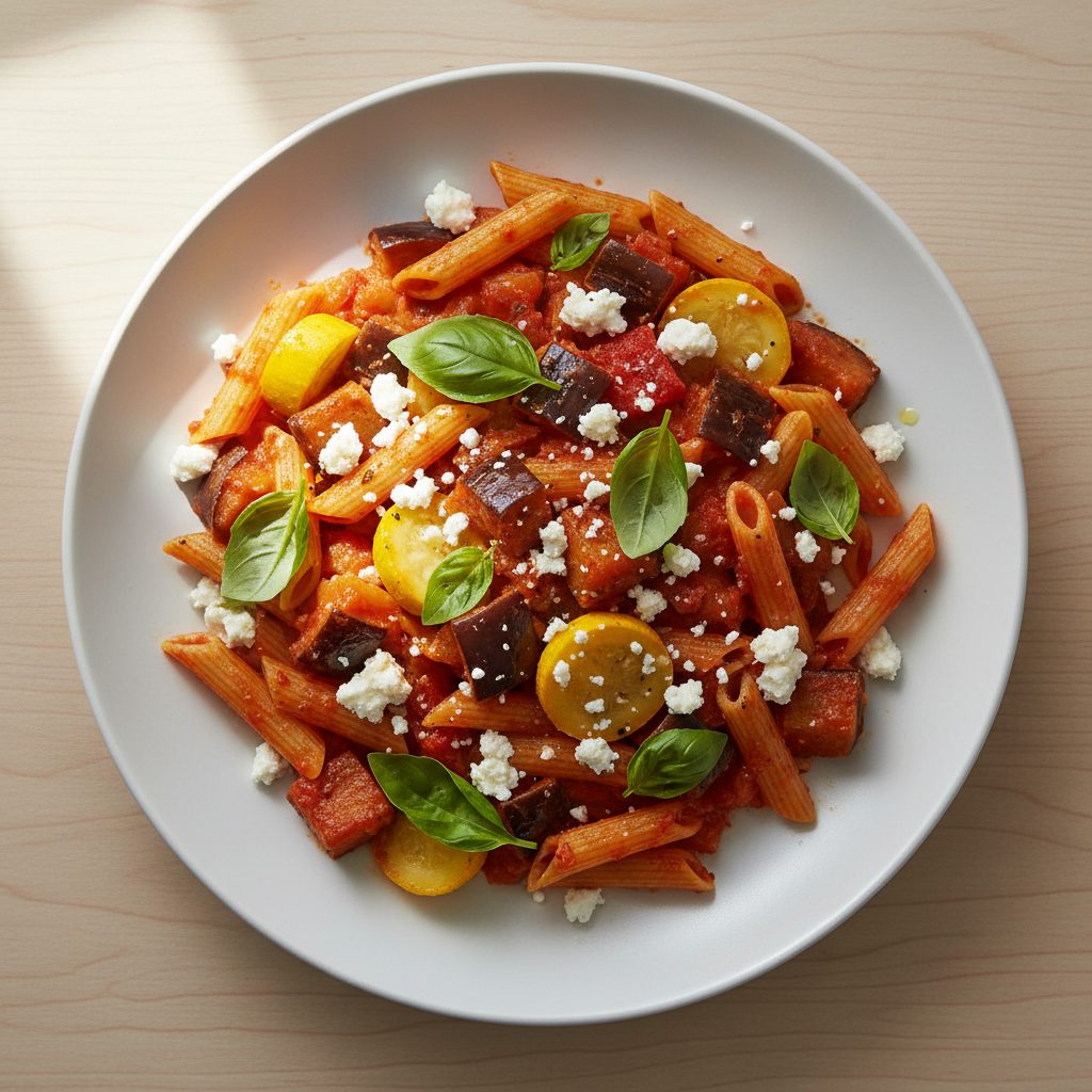 Aubergine-penne met tomaat, feta en verse basilicum