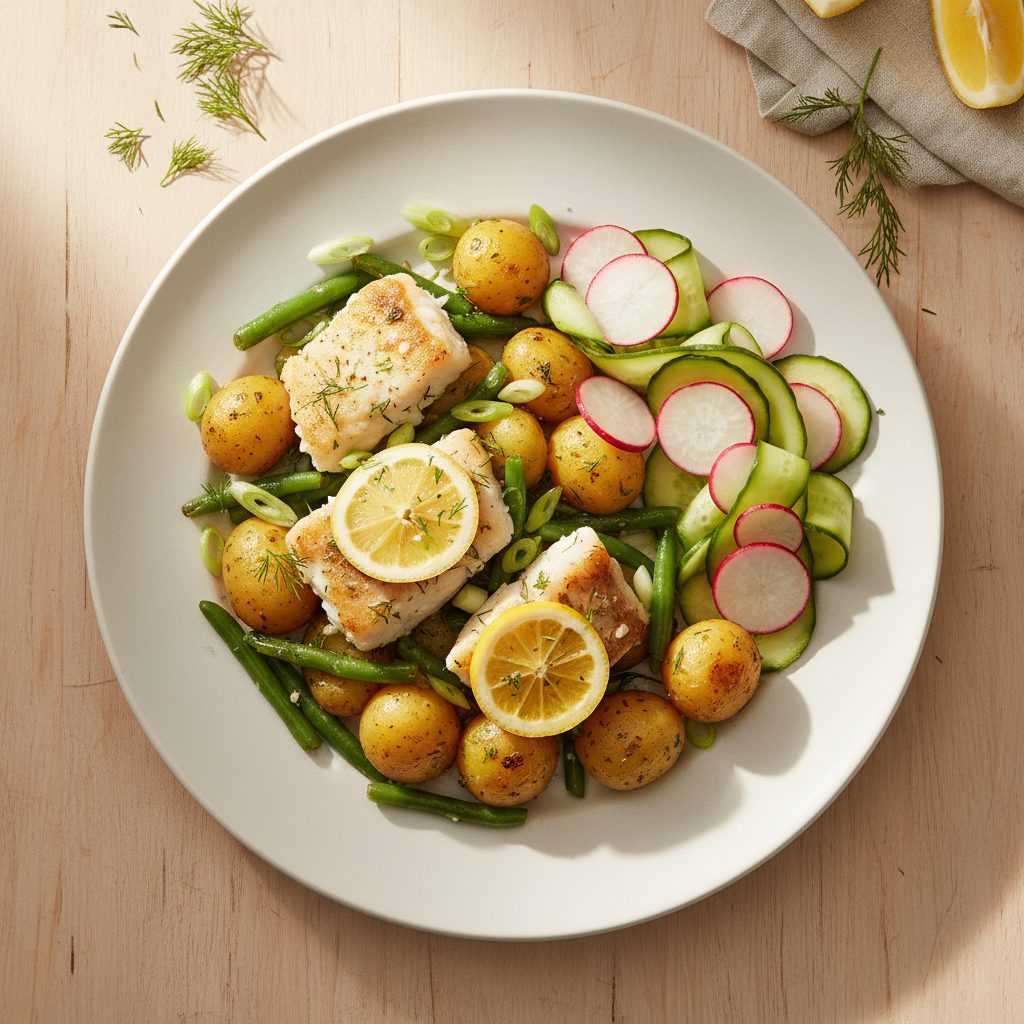 Citroen-dille roerbakvis met krieltjes en lente-ui