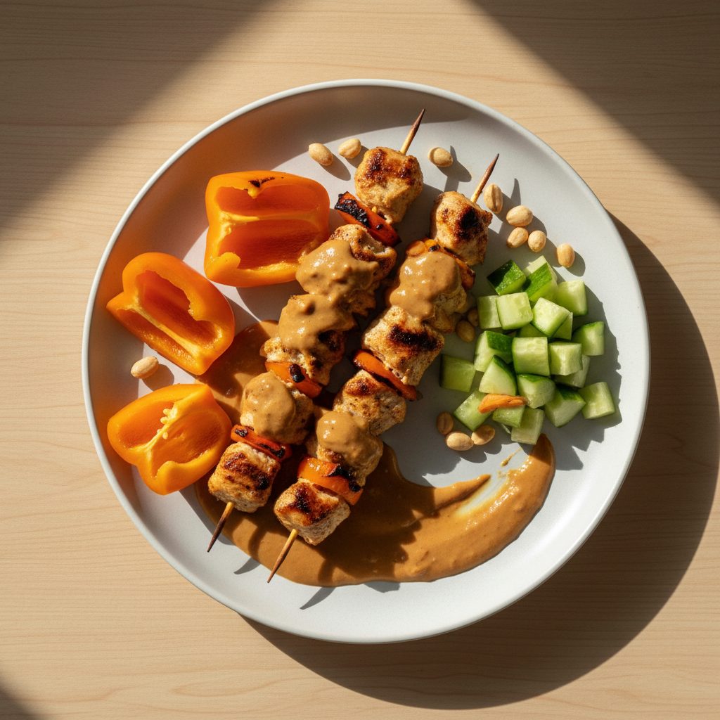 Kipsaté-spiesjes van de grill met oranje paprika en pindasaus