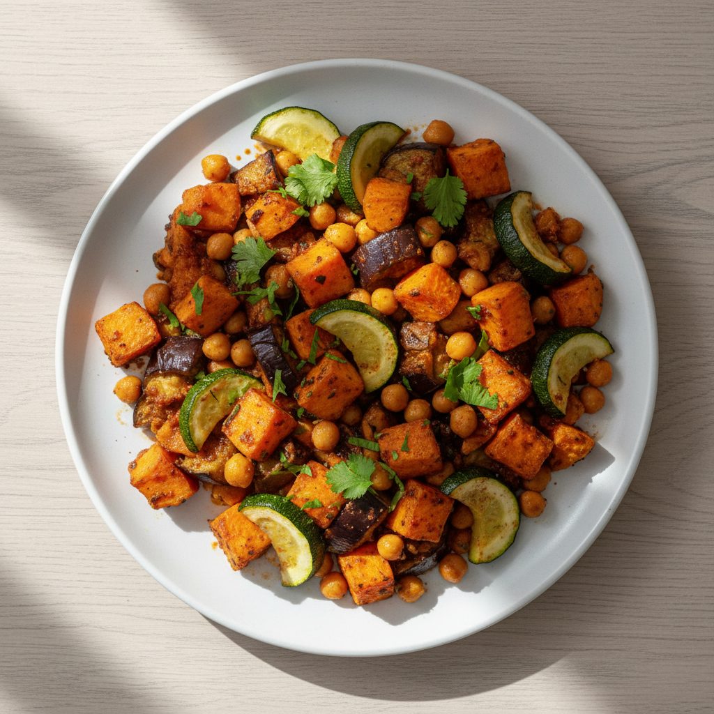 Ovenschotel van zoete aardappel, aubergine en kikkererwten