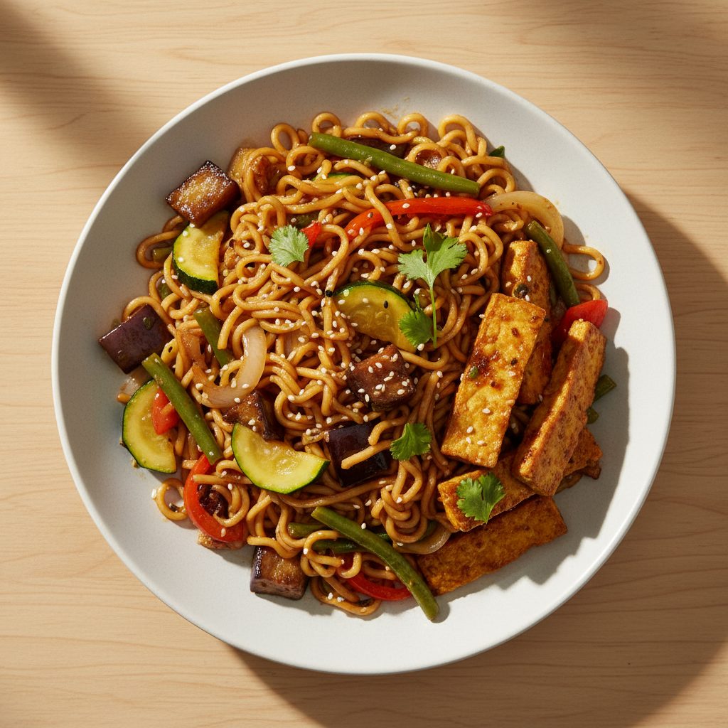Aziatische wok met aubergine, courgette en tofu