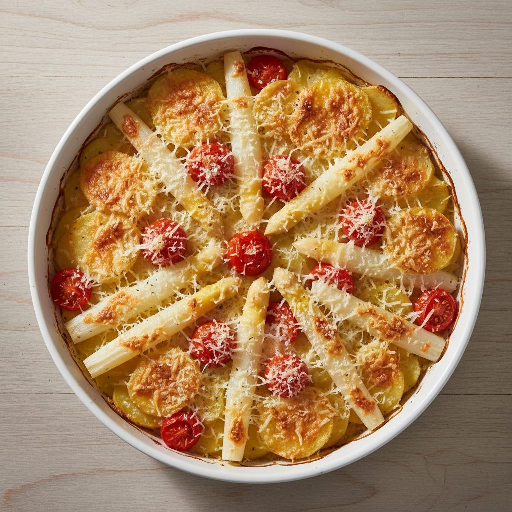 Ovenschaal met aardappel, witte asperges en cherrytomaat