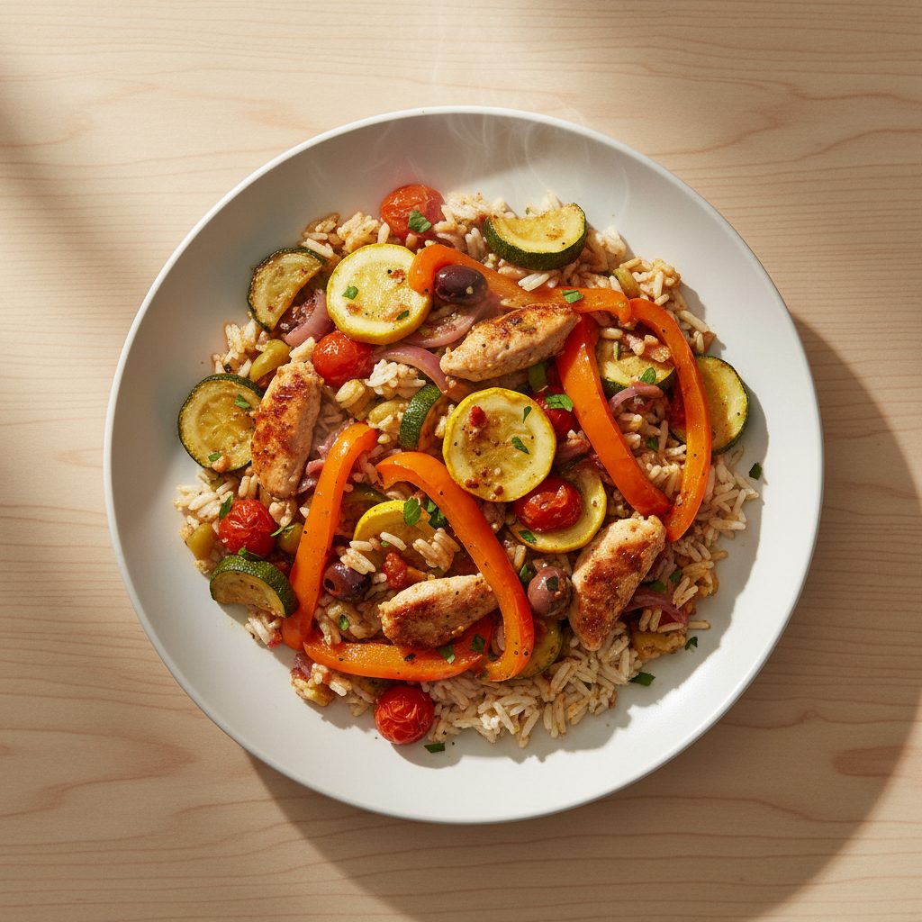 Kipdijfilet met paprika en rijst uit één pan