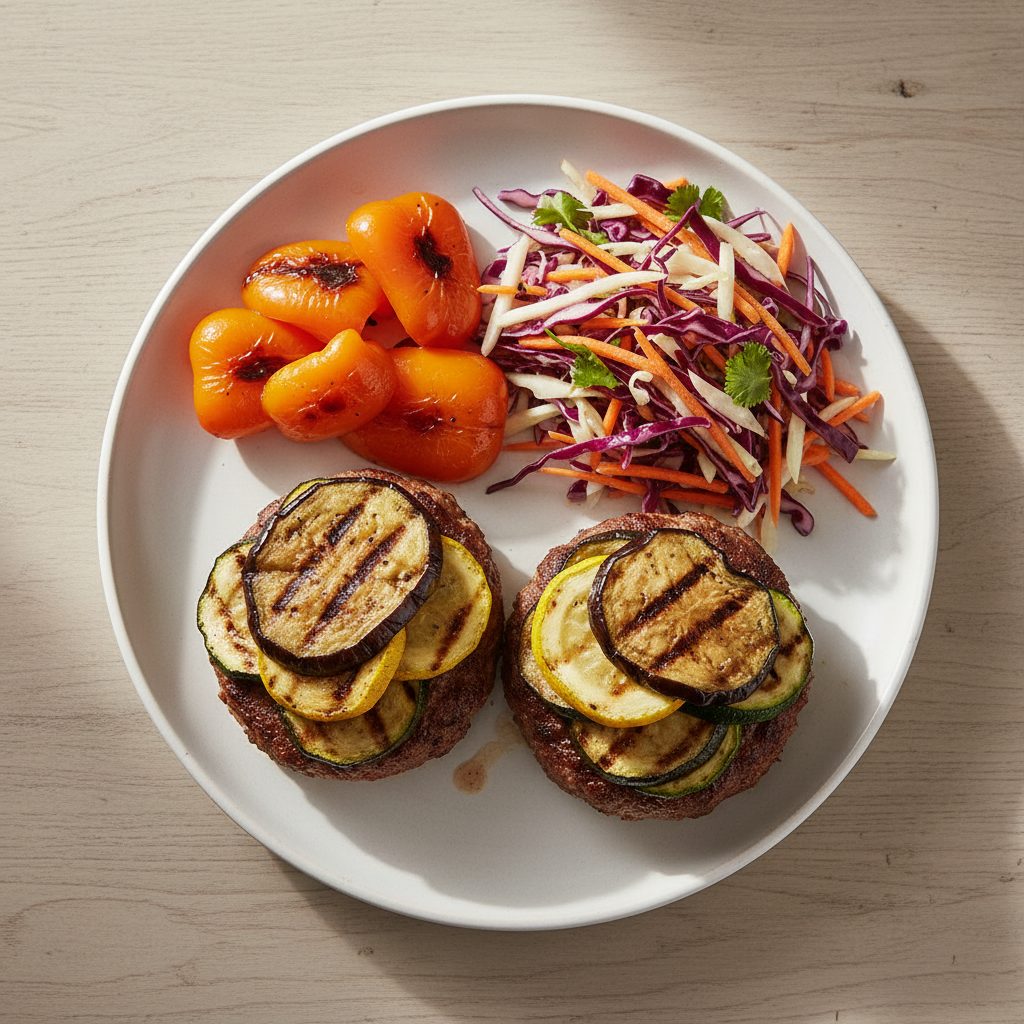 Gegrilde burgers met oranje paprika en rauwkost-slaw