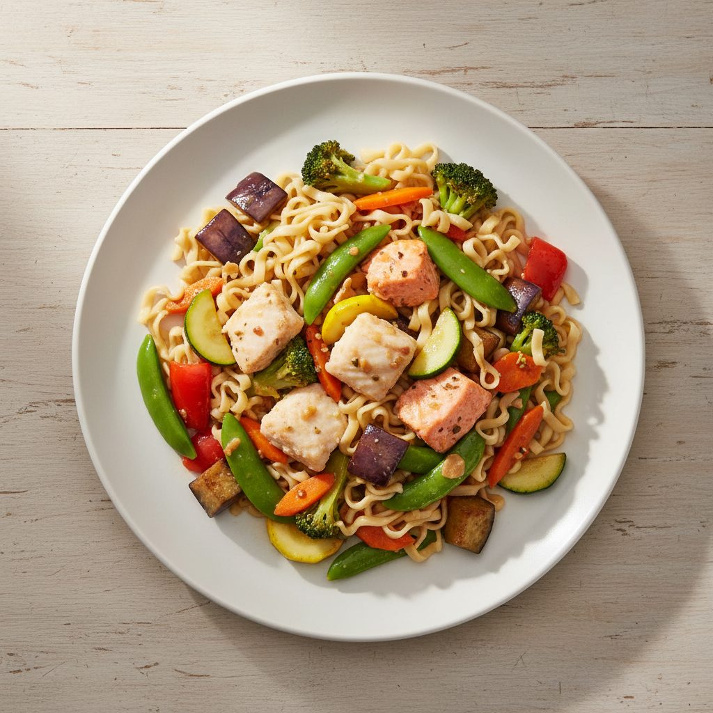 Aziatische roerbakvis wok met courgette en groentegemak